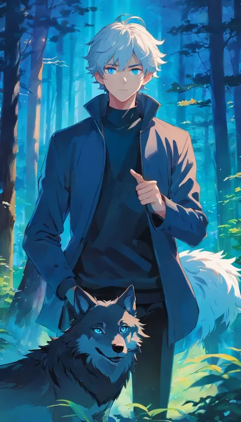 A young man with curly white hair and vibrant blue eyes dressed in black with blue details，In front of him was a huge black wolf，It is surrounded by the so-called Blue Forest