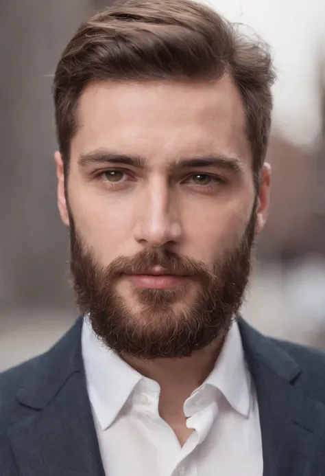 Fullard man with beard and blazer looking at the camera, very attractive man with beard, cinematic headshot portrait, thick brown beard, groomed beard, Brown beard, bearded beautiful man, Short brown beard, Light-colored beard, Anthony Starr, grizzled bear...