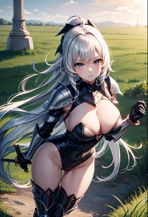 Woman knight、a beauty girl、huge tit、Excellent style、Nice Buddy、glamorous、Black leotard、s Armor、Bra chest armor、knee boots、greave、gauntlets、hair adornments、silber hair、Longhaire、Ahoge、is standing、full body seen、Holding a sword in both hands、１Person-person p...