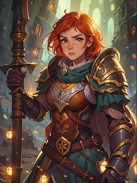 A young red-haired teenage woman with short orange hair and brown eyes, she has some freckles and a look of courage: she is a warrior wearing powerful magical armor for a medieval RPG., the background filled with magic and magical lights, contour lights an...