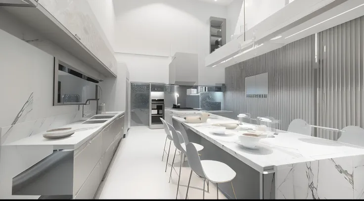 There is a long kitchen with a long counter and chairs, 3D rendering, 3D-rendering, CG rendering, all white render, Stuning 3 D render, 3 d renders, exquisite rendering, a photorealistic rendering, finalrender, architectural render, dramatic rendering, rea...