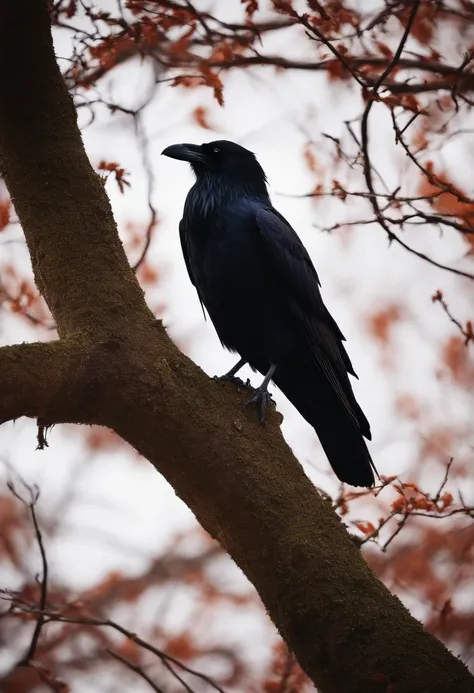 Create an image of the Lone Raven, perched in a tree, with tears falling from his sad eyes.