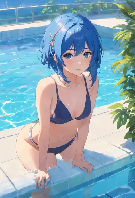 erotick、japanes、hi-school girl、erotick、Blue-haired、long、Paleo swimsuit、in poolside