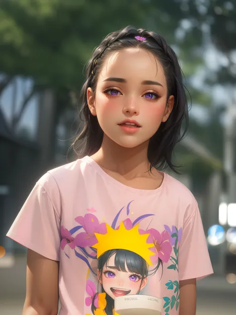 realistic, 1girl, black hair, purple eyes, bright eyes, cropped top, skirt, lips parted, blush, night, flowers, sun, sunlight,