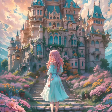 A girl with long curly hair, wearing a flowy dress, standing in front of a magnificent moving castle. The castle is made of shimmering metal and covered in intricate details. The girls eyes are a striking shade of blue, and her lips are delicately painted ...