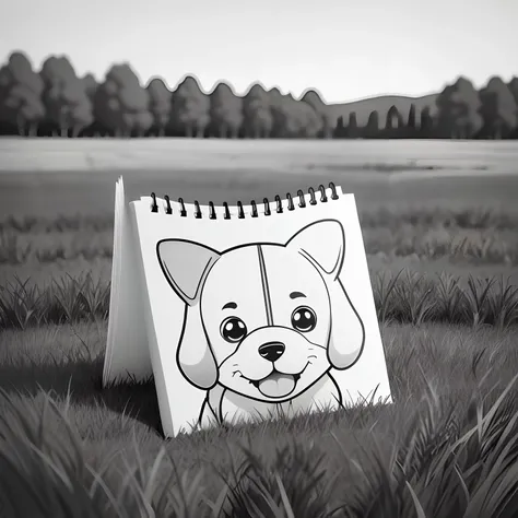 coloring book of a dog in a field, cartoon style, thick lines, no color, white background, just lines