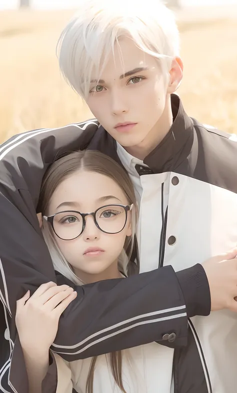 1boy, 1girl, boy with white hair and white skin, girl with brown hair, glasses