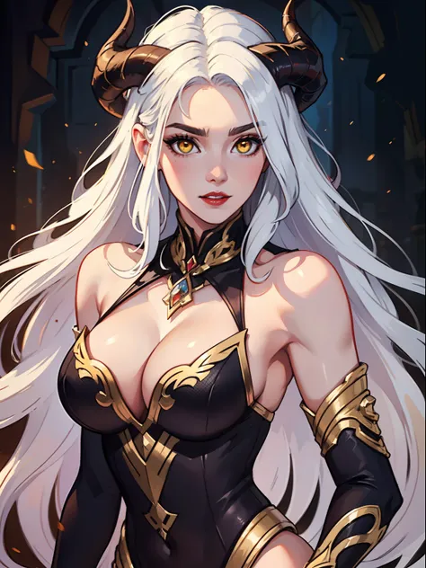 (best quality,4k,8k,highres,masterpiece:1.2),ultra-detailed,(realistic,photorealistic,photo-realistic:1.37),gorgeous woman,devilish horns,golden yellow eyes,flowing white hair,medieval clothing,elaborate outfits,pale skin,ethereal beauty,long finger nails,...