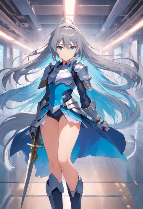 Character Entry Sheet、full bodyesbian、Long gray hair girl in armor、With blue-colored eyes with blue-colored eyes、Has a blank expressionless expression with sleepy eyes、Wearing tights、Wearing high heels