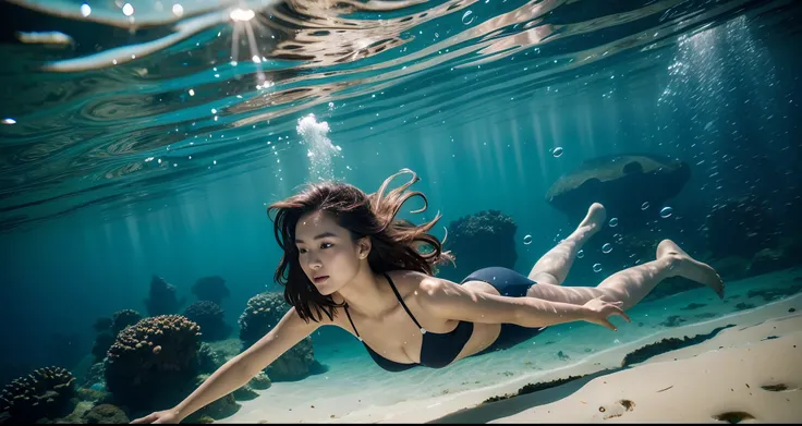 （8K分辨率，（Portrait of a person taken in the ocean），barebacked，Contains underwater sub-shots，Womens diving swimming），（Multiple women，age 22，Mature sexy woman，（（s delicate face，详细的脸，cute  face，Small bubbles on the face），（Flowing hair in the water，Hair that flu...