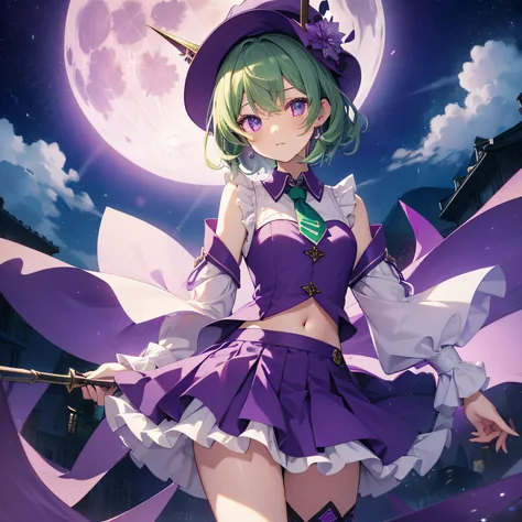 top-quality、extremely delicate and beautiful、(A teenage girl)、Purple Eye、Green hair、short-haired、(Purple pointy hat)、Purple tie、Soio、shortsleeves、Purple skirt、Purple Wizard Robe、Navel、is standing、Full moon night on background