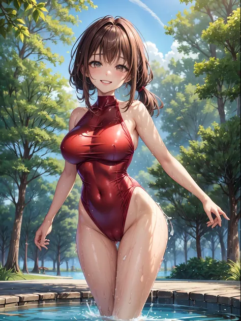 top-quality、Full limbs、complete fingers、Slender beauty、poneyTail、Longhaire、Brown hair、Raw feet、Red competitive swimsuit、Beautiful Large Breasts、Being in the park、There is a pond、is standing、sexypose、A big smile、Sweating、Wet texture