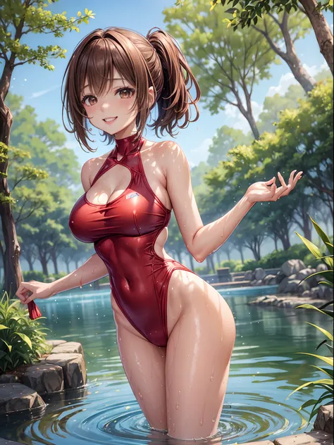 top-quality、Full limbs、complete fingers、Slender beauty、poneyTail、Longhaire、Brown hair、Raw feet、Red competitive swimsuit、Beautiful Large Breasts、Being in the park、There is a pond、is standing、sexypose、A big smile、Sweating、Wet texture