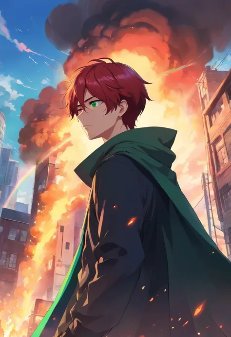 A teenage man with blood-red hair and green eyes in black clothes and a rainbow-colored cape atop a burning building