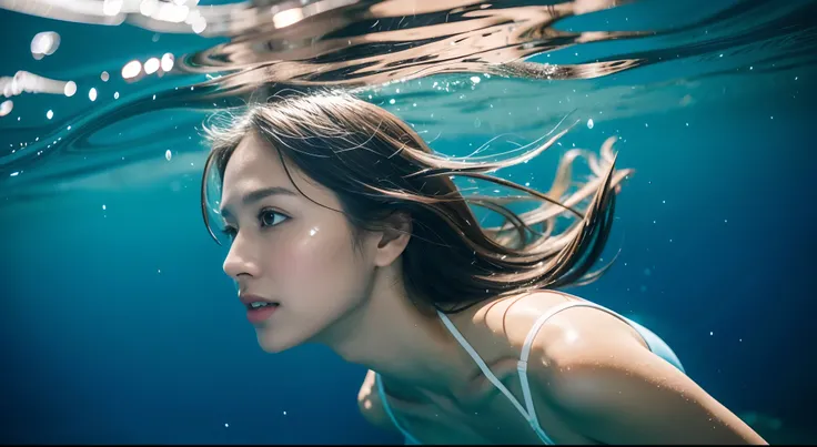 （8K分辨率，（Portrait of a person taken in the ocean），barebacked，Contains underwater sub-shots，Womens diving swimming），（Multiple women，age 22，Mature sexy woman，（（s delicate face，详细的脸，cute  face，Small bubbles on the face），（Flowing hair in the water，Hair that flu...