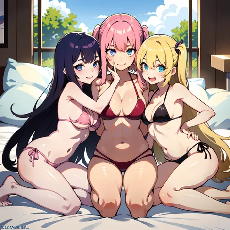 Two 24-year-old sisters、Face of Ahegao、Slimed、de pele branca、blue eyess、Aviator Sunglasses、Wearing a tight pink string bikini with tiny little skin、((cammel toe:1.2))、wetting hair、Oily body、Hugging and pressing each others breasts、Put your hands on your hi...