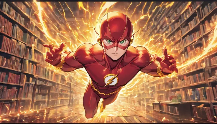 In your prompt, you want to depict "The Flash in Action, MCU, READING VARIOUS BOOKS, ultra-detailed, 8k, Jim Lee Artistic Style, DC Comics". Heres the corresponding Stable Diffusion prompt:

"The Flash running at lightning speed, surrounded by flying books...