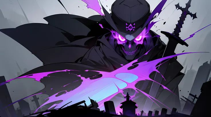 empty feeling face1guy, short black hair , one red eye , one purple eye ,glowing eye , purple theme , wearing gravedigger hat , with a sword , gravedigger coat , full black skull mask , graveyard , covered face , high res, ultrasharp, 1080p, masterpiece , ...