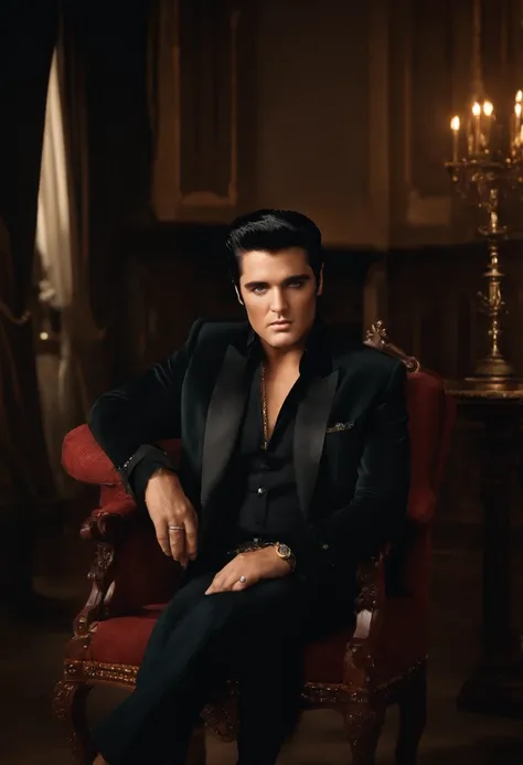 Elvis Presley in a black jacket sitting on a throne as king with his head held high looking forward, Garoto mau, Elvis Presley Estiloso, detalhes de roupas, Textura 8K, 8k, detalhes insanos, detalhes complexos, hiperdetalhados altamente detalhados, Realist...