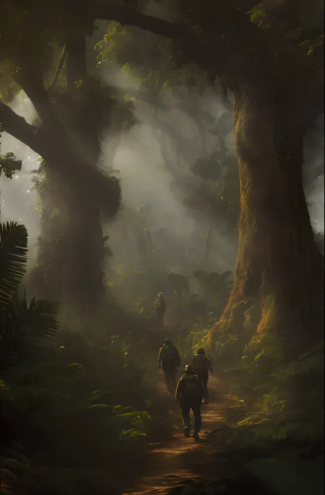 There are four people walking along a path in the forest, Amazon Rainforest, militares armados, Caminhando pela floresta, altamente realista, altamente renderizado, tall trees of the Amazon