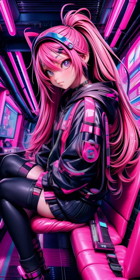 anime girl with pink hair sitting inside a train, cyberpunk anime girl in hoodie, cyberpunk anime girl, anime style 4 k, anime cyberpunk art, best anime 4k konachan wallpaper, digital cyberpunk anime art, female cyberpunk anime girl, digital cyberpunk - an...