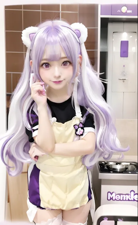 Bear ear, anime girl with long white purple hair and a old purpos shirt, small curvy loli, anime moe artstyle,perfect white  Purple haired girl, anime visual of a cute girl, nyaruko-san, anime best girl, anime cat girl in a baristasyellow costume, shirabii...