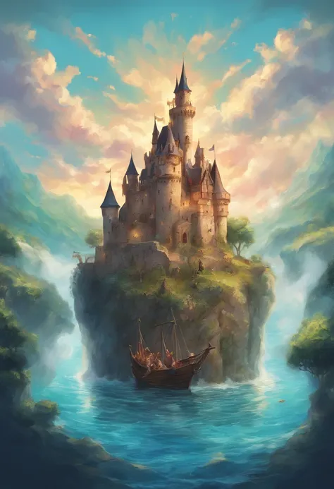 castle, in a big animal back, moving gracefully, in the sky, water, ocean