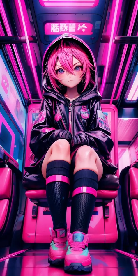 anime girl with pink hair sitting inside a train, cyberpunk anime girl in hoodie, cyberpunk anime girl, anime style 4 k, anime cyberpunk art, best anime 4k konachan wallpaper, digital cyberpunk anime art, female cyberpunk anime girl, digital cyberpunk - an...