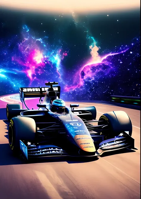 dreamlikeart, galaxy, outer space, nebula, star, [cyberpunked] Formula 1 cars from the stars. (star:1.5),