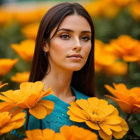 Melhor qualidade, obra-prima, ultra alta res, (fotorrealista: 1.4),foto crua,1 mulher, cabelo castanho, cabelo medio ondulado, vestido branco, fora do ombro, campo de flores em flor, pele brilhante, boca fechado, rosto encantador, rosto perfeito, detalhes ...