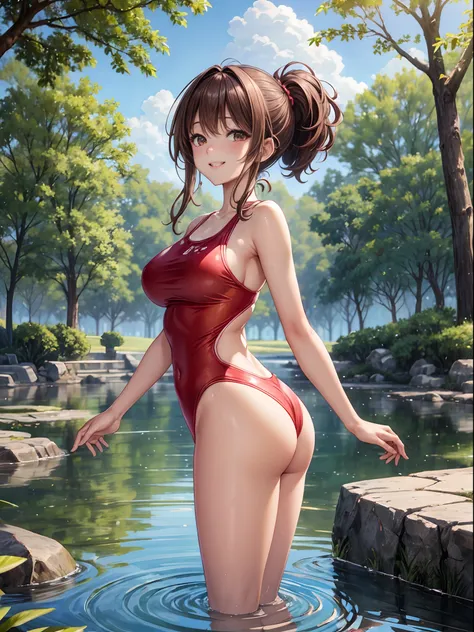 top-quality、Full limbs、complete fingers、Slender beauty、poneyTail、Longhaire、Brown hair、Raw feet、Red competition swimsuit、Beautiful Large Breasts、Being in the park、There is a pond、is standing、sexypose、A big smile、Rear view