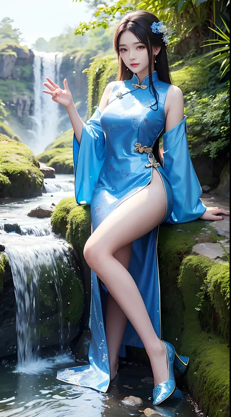 Alafid woman sitting on a rock in front of the waterfall, Chinese style, Chinese girl, Cheongsam, in a blue qipao, Chinese dress, Chinese woman, wearing a blue qipao dress, 8K)), Chinese traditional, Ethereal beauty, gorgeous chinese models, Traditional be...