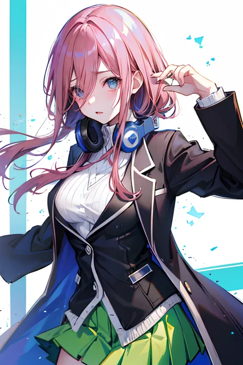 nsfw,Bare breasts,black jacket,Cool blue and white background,blazer,blazer in white line,green skirt,white shirts,aqua sweater,Long black tights , headphones around neck, pinkbrown hair,long hair, hair over right eye, floating,Jig eyes,big bast,Top image ...