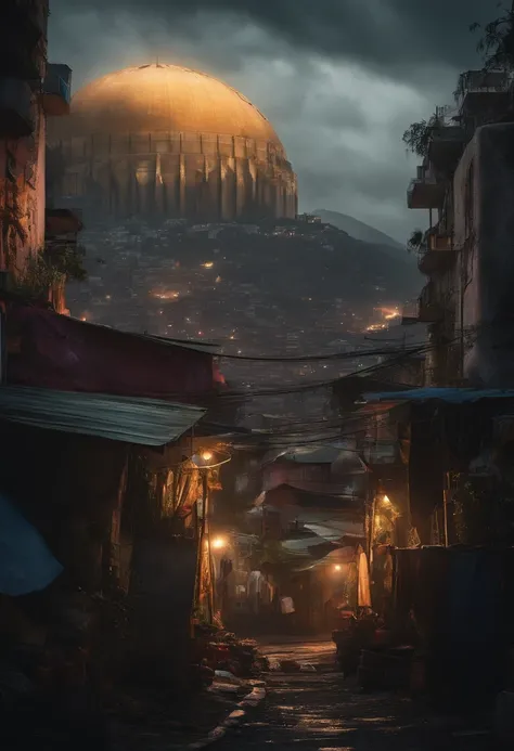 A dark punk favela and in the background a gigantic dome that houses a futuristic city