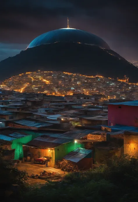 A dark punk favela and in the background a gigantic dome that houses a futuristic city