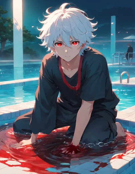 A young teenage man with large, curly white hair with red eyes black clothes with blood on top of a pool of blood with bodies