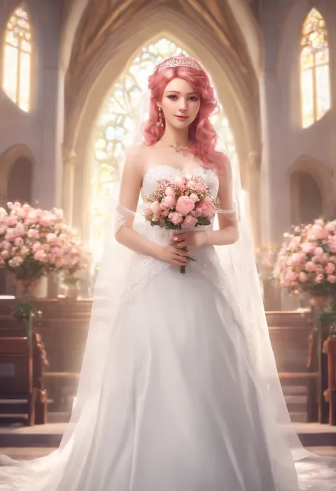 Sakura Haruno, ((Solo)), Alone, Bride, Wearing a white wedding dress, queen, cheerfulness, ((The forehead to display)), standing, Enter the church, Pink hair, Short hair, Delicate, Young, Short hair, Detailed face, High definition, ((full bodyesbian)), (Fl...