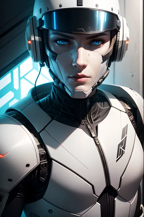 Realistic white combat android in an advanced cybernetic suit with cyberpunk technological helmet and visor