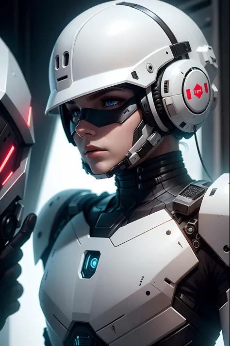 Realistic white combat android in an advanced cybernetic suit with cyberpunk technological helmet and visor