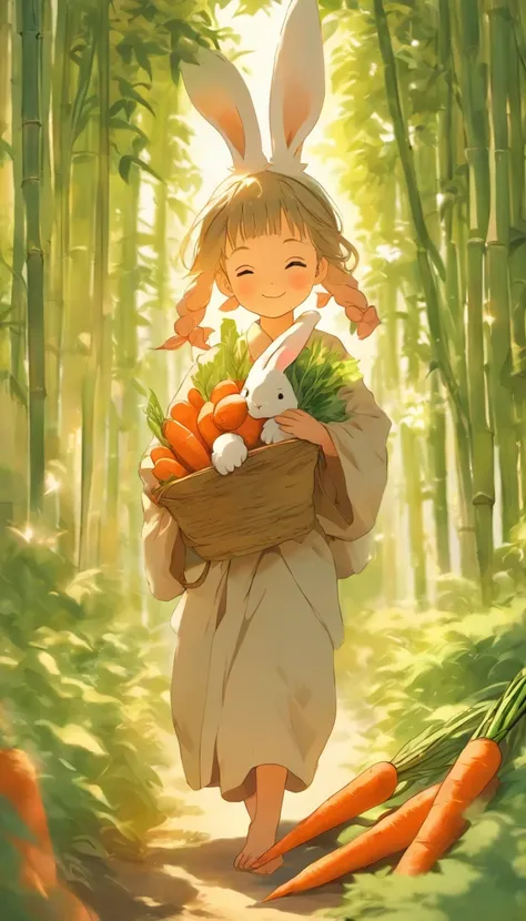 A little girl with rabbit ears holds a giant carrot，In the vegetable garden，The little boy carried a bamboo basket，The bamboo basket was filled with carrots，There are also some small white rabbits in the vegetable garden，Illustration Japanese manga style，T...