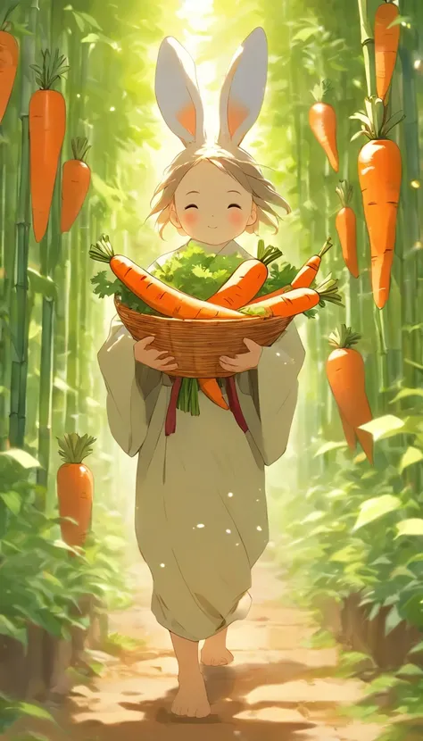 A little girl with rabbit ears holds a giant carrot，In the vegetable garden，The little boy carried a bamboo basket，The bamboo basket was filled with carrots，There are also some small white rabbits in the vegetable garden，Illustration Japanese manga style，T...