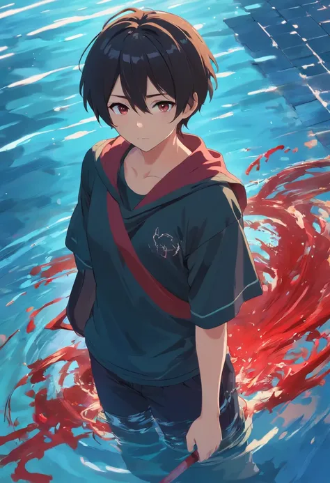 Um homem adolescente com grande, cabelos brancos encaracolados com olhos vermelhos, black clothes with blood on top of a pool of blood with bodies in front of them, uma grande porta vermelha em chamas pretas