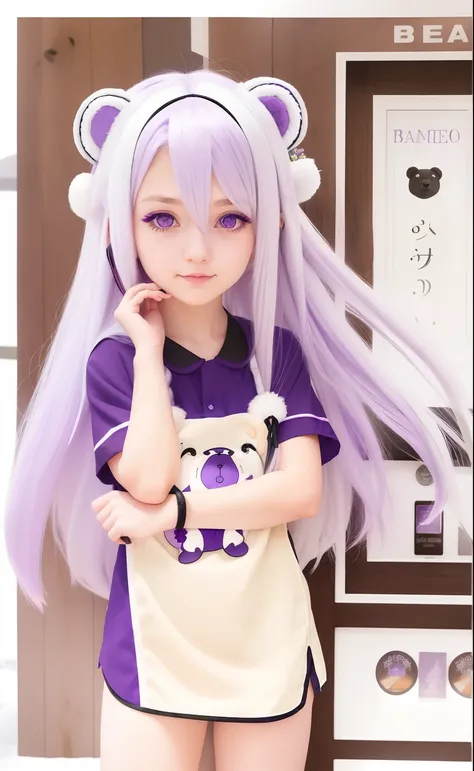 bear  ear, 1girl with long white purple hair and a old purple shirt,  Ice bear ear, Blue eyes, perfect white  Purple haired girl,cute girl,  best girl, anime a baristas yellow costume,