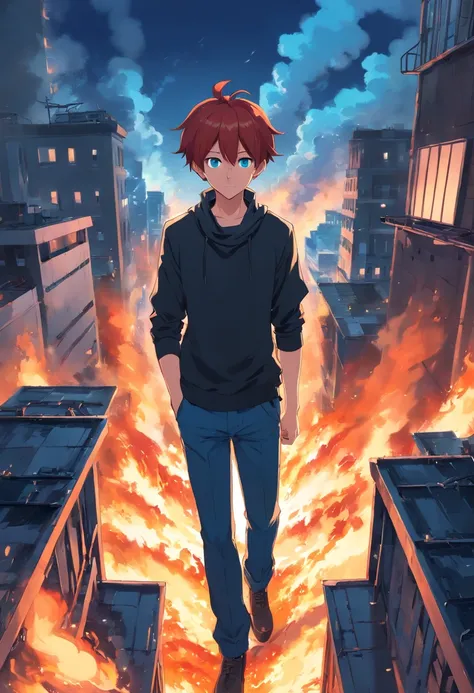 A young man with red hair is vibrant blue eyes in a black and white outfit high on a burning building