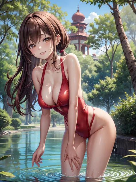 top-quality、Full limbs、complete fingers、Slender beauty、poneyTail、Longhaire、Brown hair、Raw feet、Red competition swimsuit、Beautiful Large Breasts、Being in the park、There is a pond、is standing、sexypose、A big smile、crouching down、Bashing water