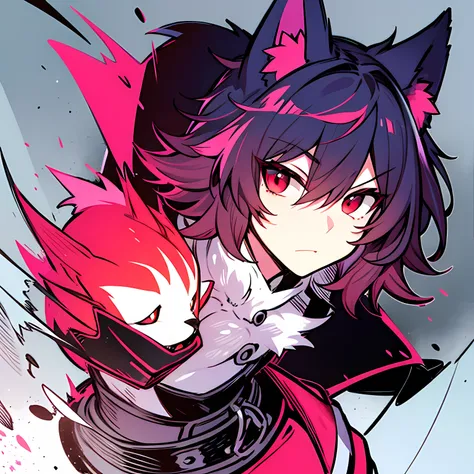 A boy with short fluffy hair and red eyes, with a wolf-like characteristics,