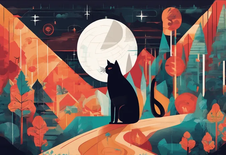 masterpiece, best quality, a fat cat with middle aged man in forest, moon, morning