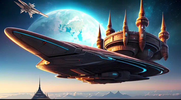 ((giant castle on top spaceship)) , Tianwen No. 1，cyberpunked，sci-fy，universes，darkly，Big perspective ,