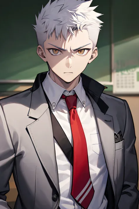 Teenage MAN, boy, (masterpiece, best quality), KujouCSA, break, 1boy, (Teenager), 15 years old, high school student, alone,  white school uniform, gray jacket, open jacket, red tie, toned pecs, muscular arms, bull neck, amber eyes, apathetic eyes, short sp...