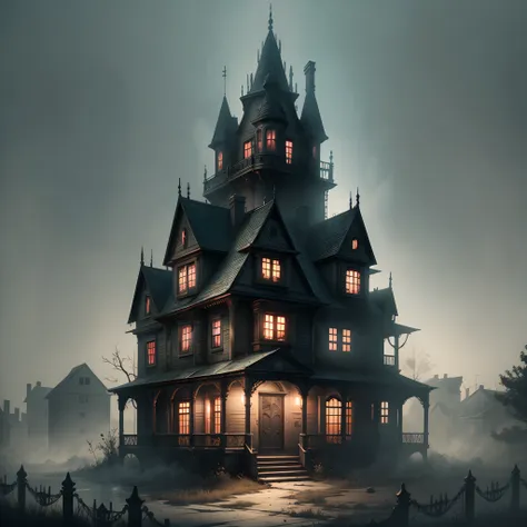 create an image of a haunted house, with horror game style , realistic, ultra high definition